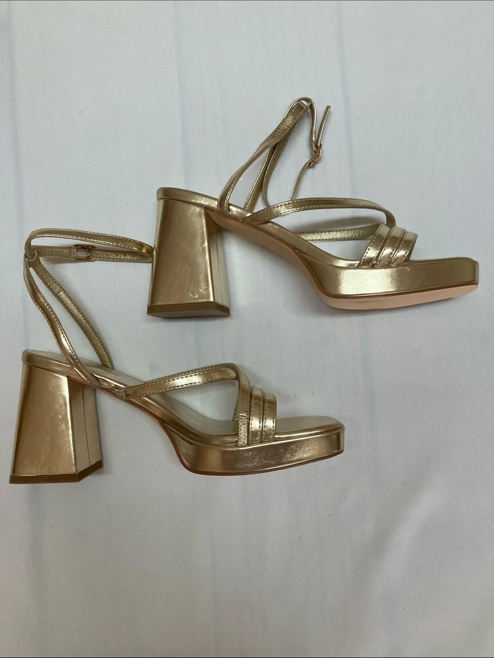Metallic Gold Platform Block Heel Sandal with Ankle Strap - Women